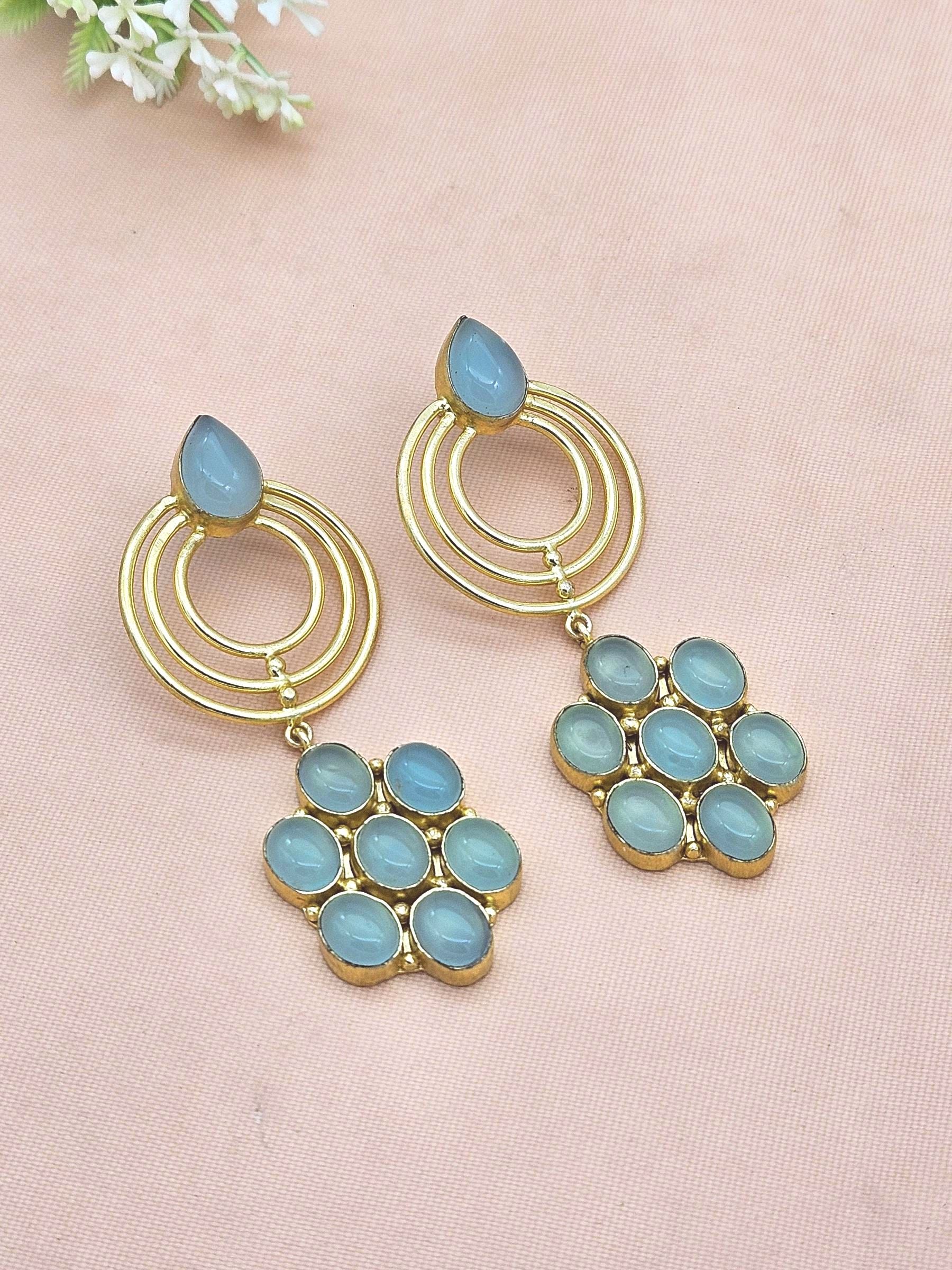 Stunning Gold Plated Chalcedony Gem Stone Floral Designer Dangle Drop Earrings