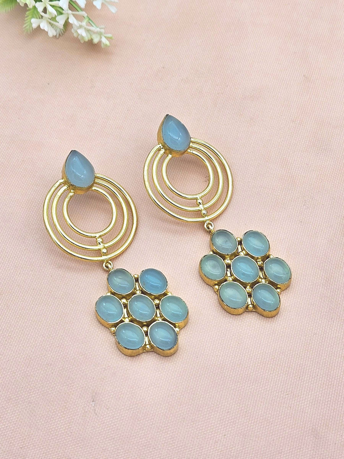 Stunning Gold Plated Chalcedony Gem Stone Floral Designer Dangle Drop Earrings
