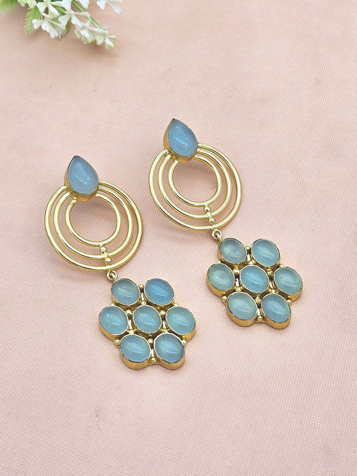 Stunning Gold Plated Chalcedony Gem Stone Floral Designer Dangle Drop Earrings