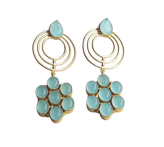 Stunning Gold Plated Chalcedony Gem Stone Floral Designer Dangle Drop Earrings