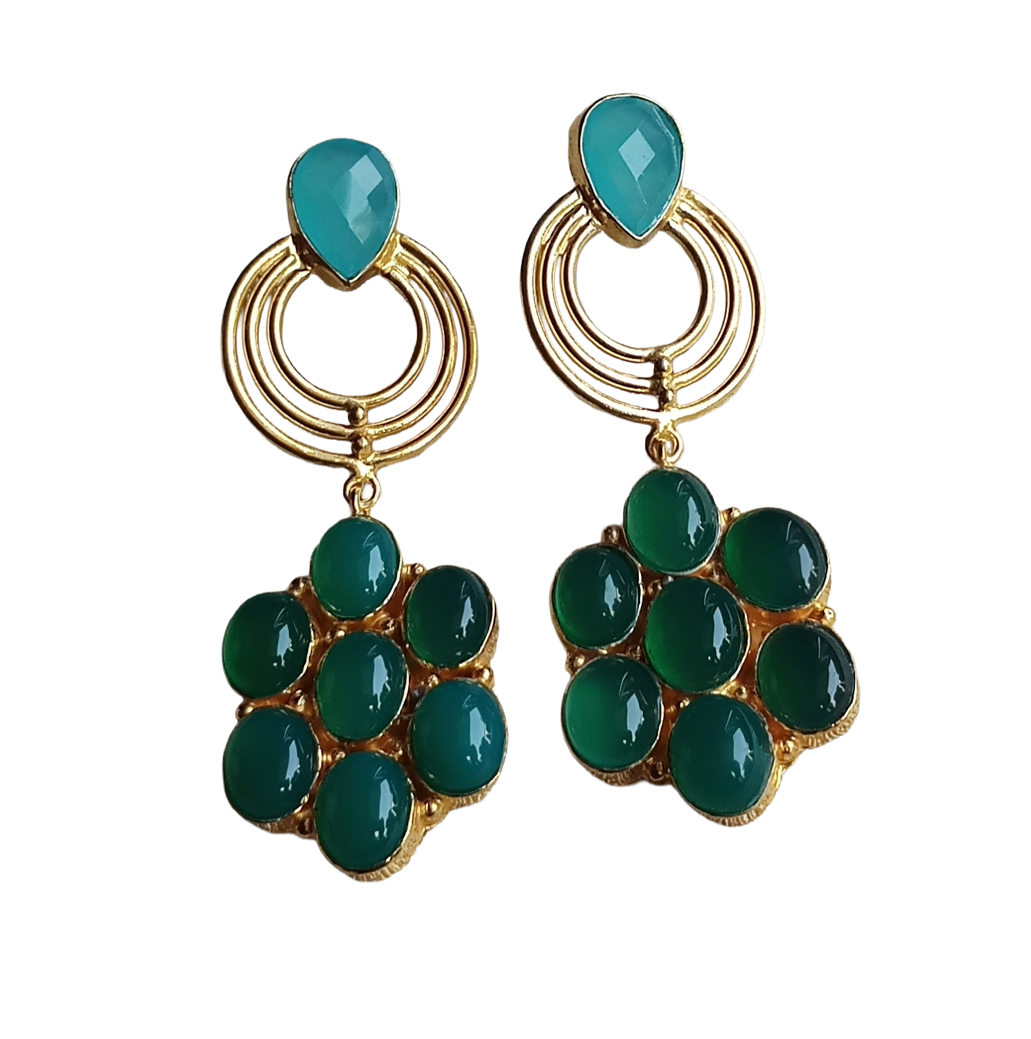 Stunning Gold Plated Green Onyx-Chalcedony Stone Floral Designer Dangle Drop Earrings