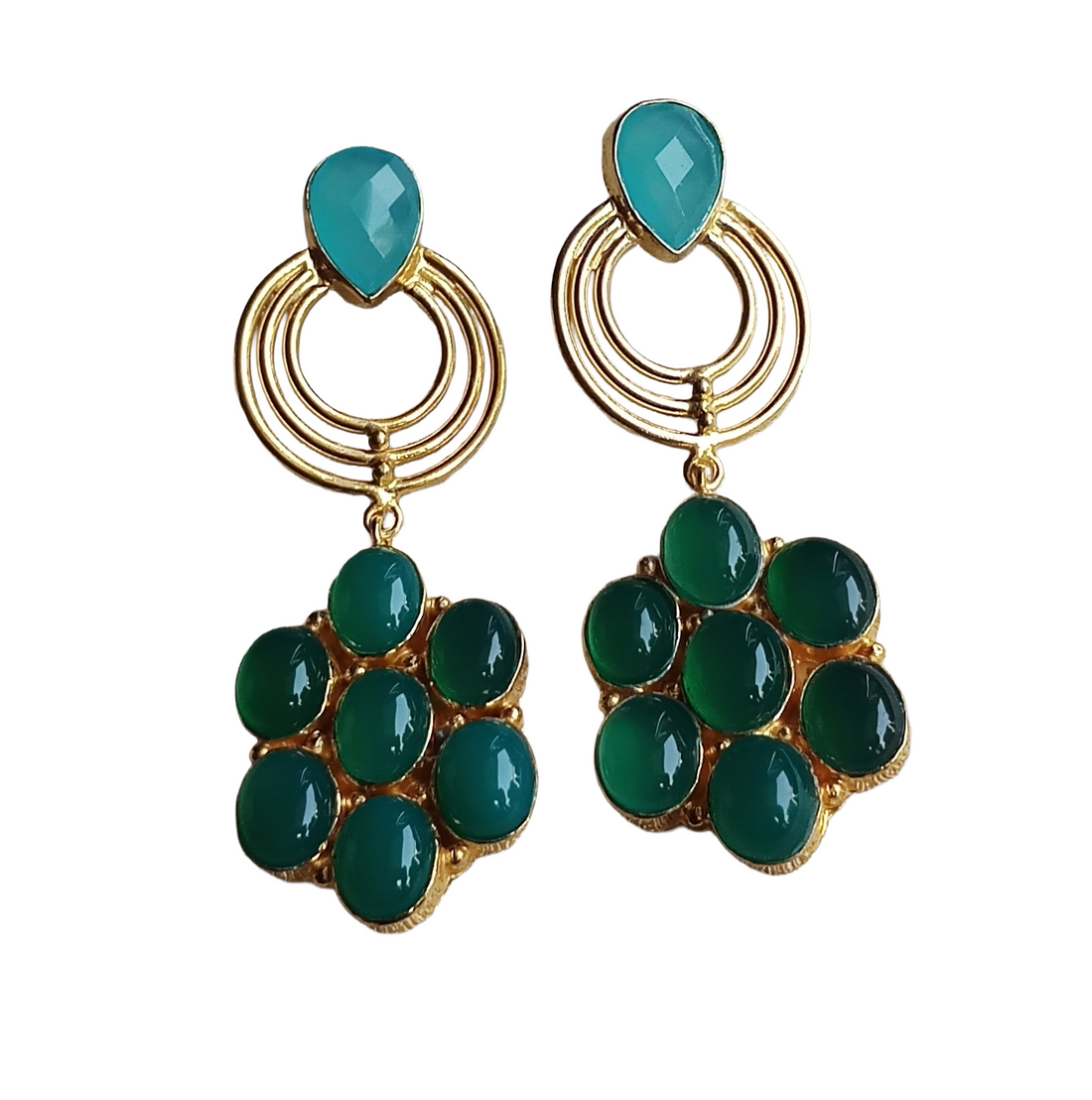 Stunning Gold Plated Green Onyx-Chalcedony Stone Floral Designer Dangle Drop Earrings