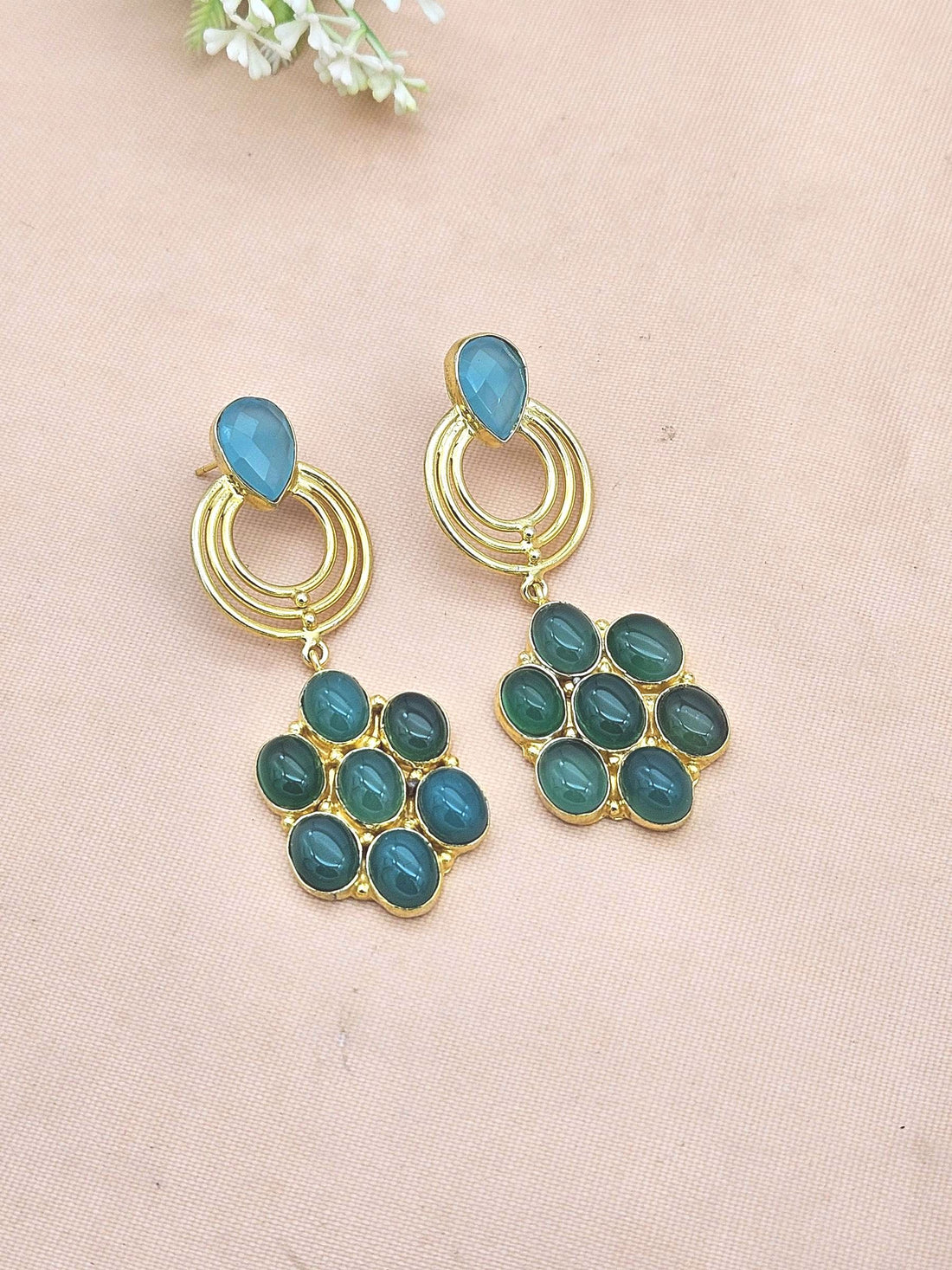 Stunning Gold Plated Green Onyx-Chalcedony Stone Floral Designer Dangle Drop Earrings