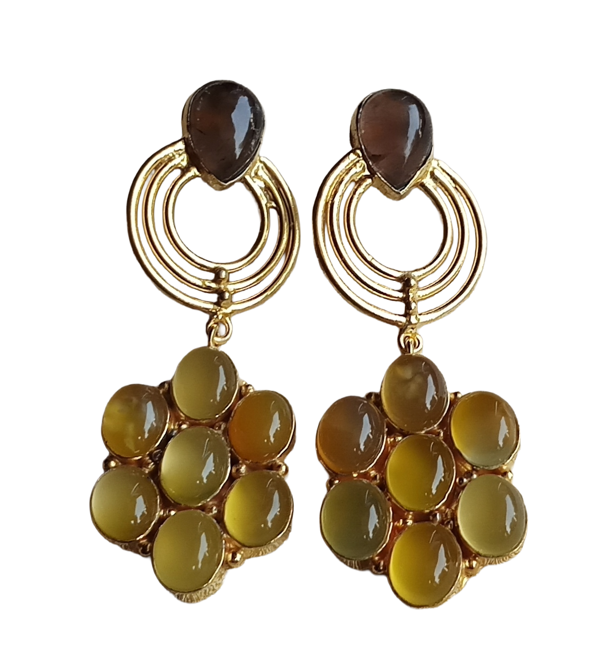 Stunning Gold Plated Yellow Chalcedony-Smoky Stone Floral Designer Dangle Drop Earrings