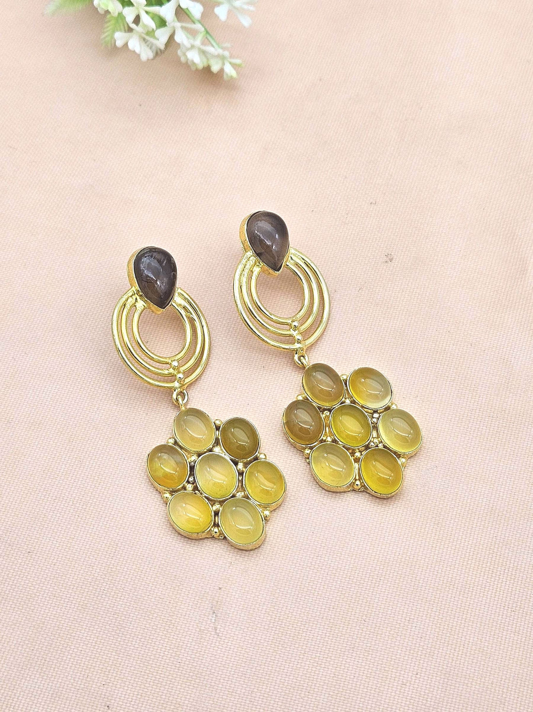 Stunning Gold Plated Yellow Chalcedony-Smoky Stone Floral Designer Dangle Drop Earrings