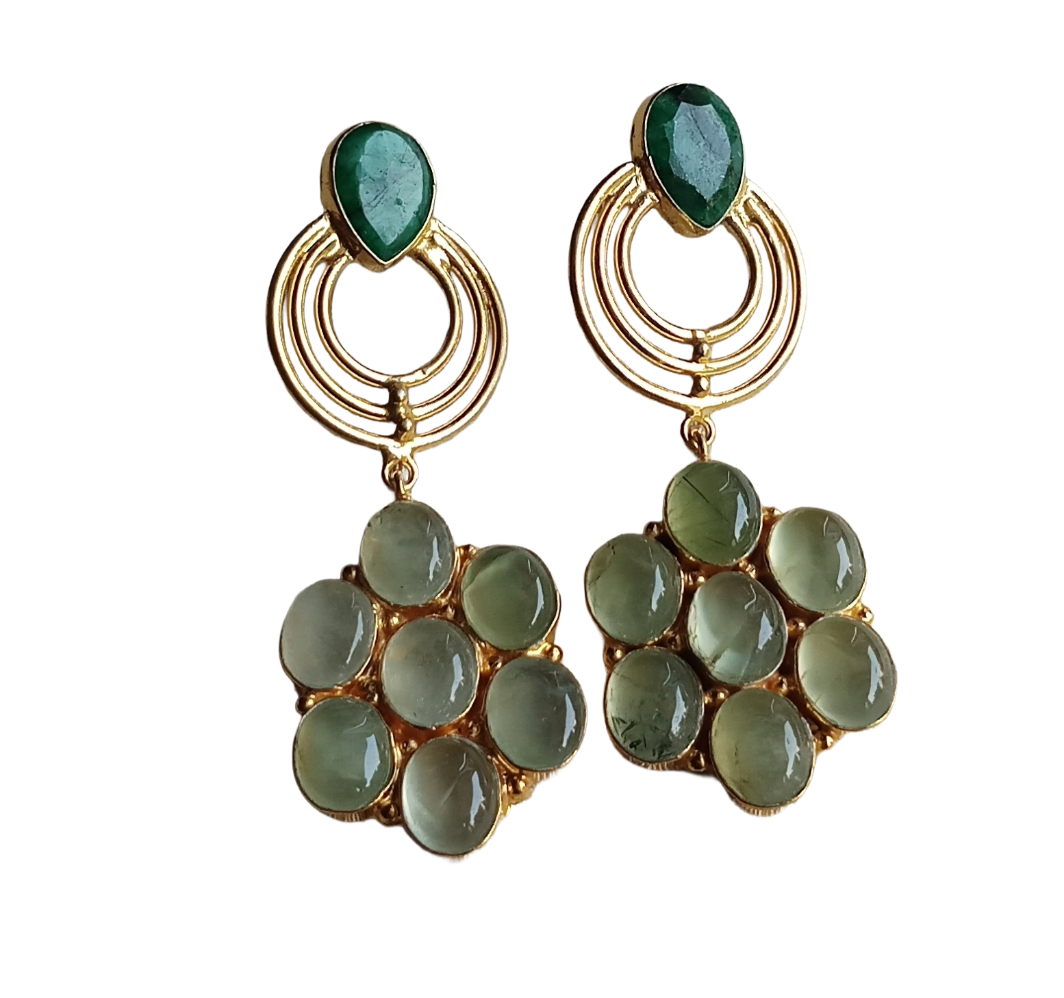 Stunning Gold Plated Prehnite-Green Hathipara Stone Floral Designer Dangle Drop Earrings
