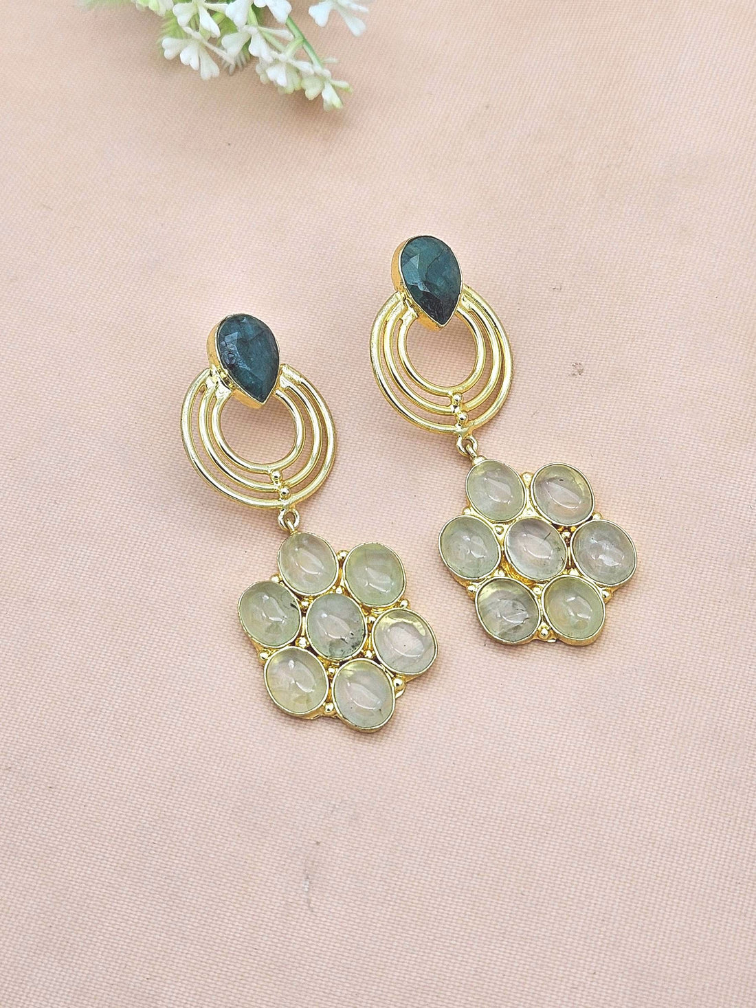 Stunning Gold Plated Prehnite-Green Hathipara Stone Floral Designer Dangle Drop Earrings