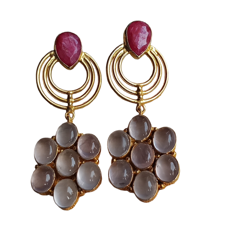 Stunning Gold Plated Red Hathipara-Rose Quartz Stone Floral Designer Dangle Drop Earrings