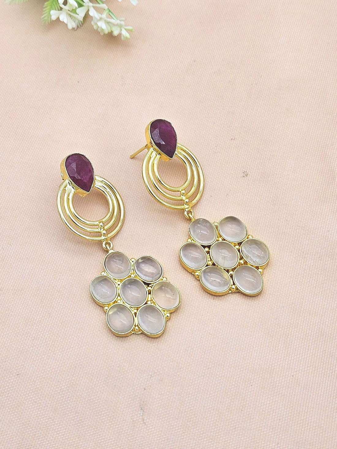 Stunning Gold Plated Red Hathipara-Rose Quartz Stone Floral Designer Dangle Drop Earrings