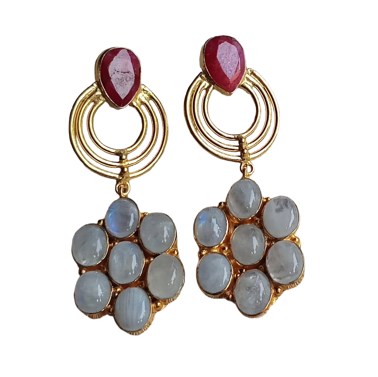 Stunning Gold Plated Red Hathipara-White Rainbow Stone Floral Designer Dangle Drop Earrings
