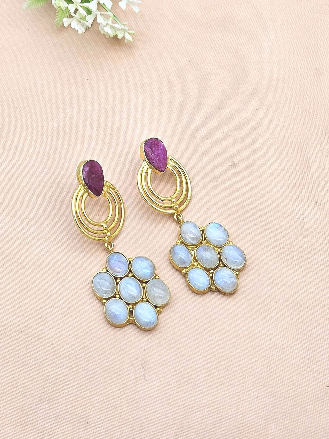 Stunning Gold Plated Red Hathipara-White Rainbow Stone Floral Designer Dangle Drop Earrings