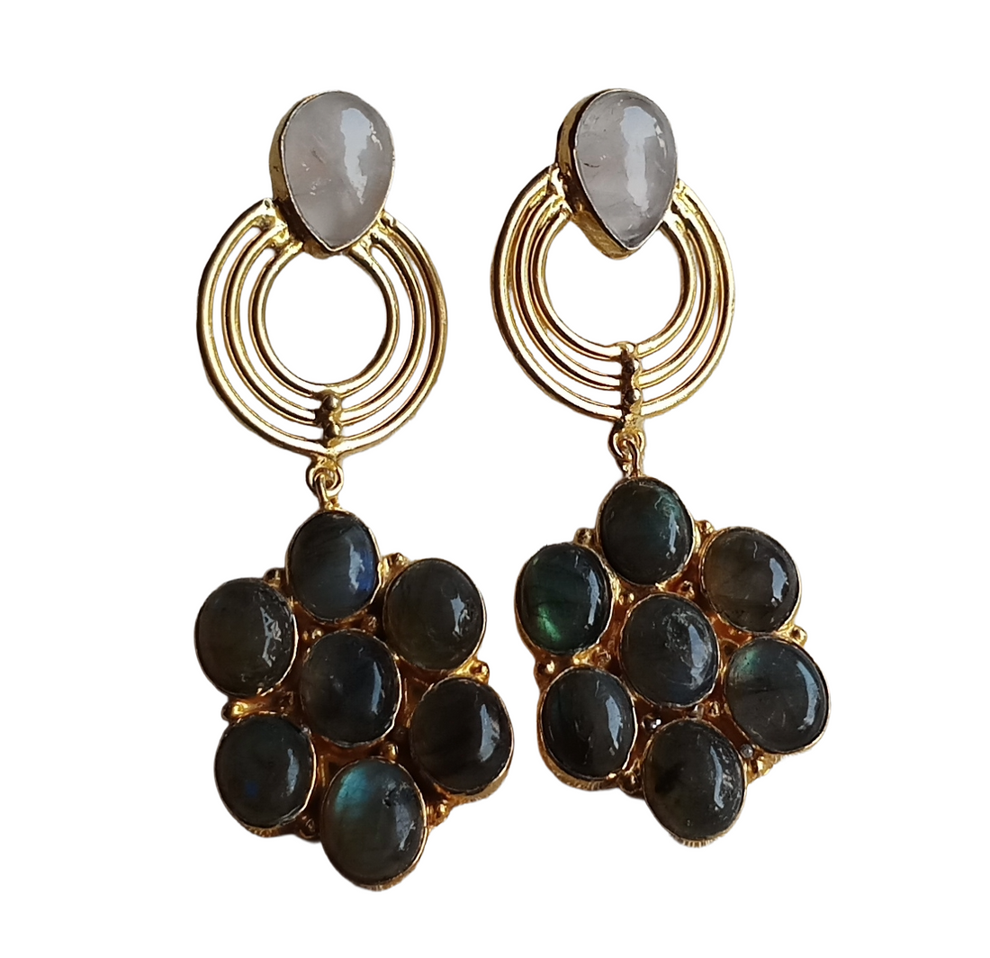Stunning Gold Plated White Rainbow-Labradorite Stone Floral Designer Dangle Drop Earrings