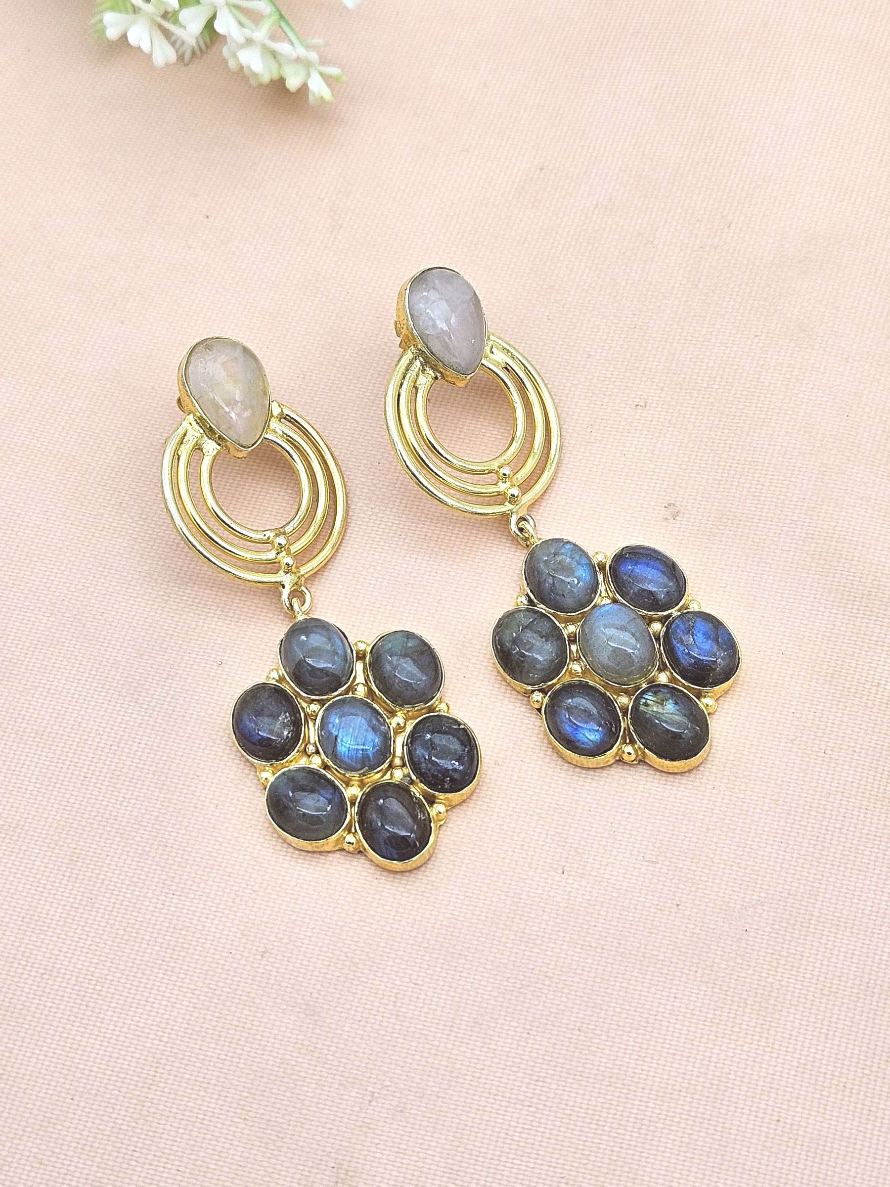 Stunning Gold Plated White Rainbow-Labradorite Stone Floral Designer Dangle Drop Earrings