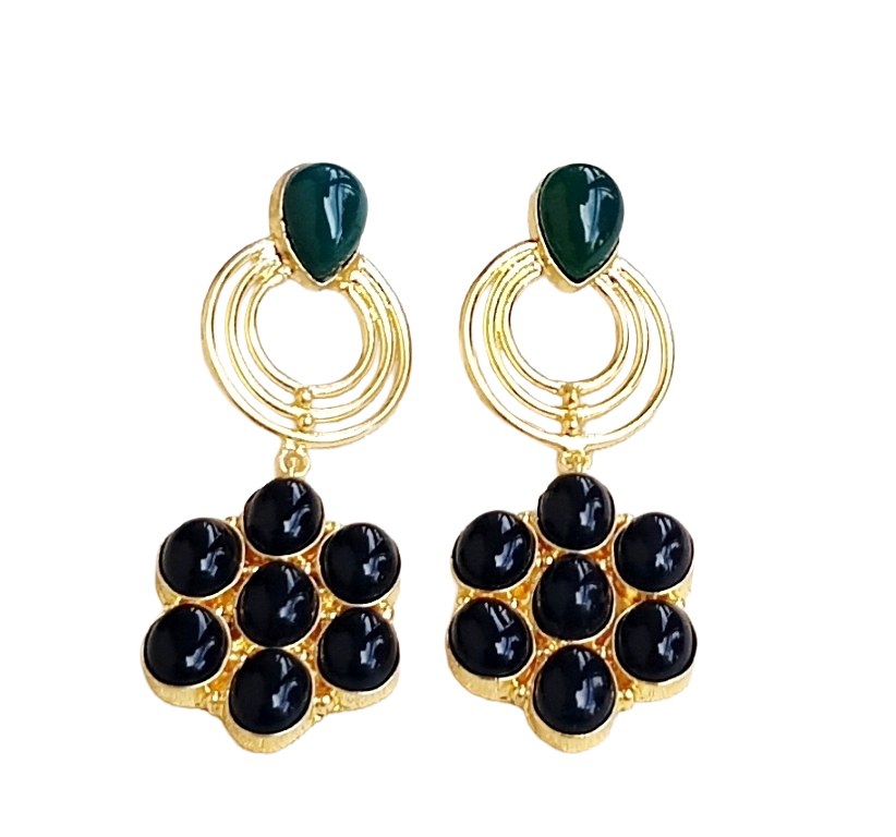 Stunning Gold Plated Black & Green Onyx Stone Floral Designer Dangle Drop Earrings
