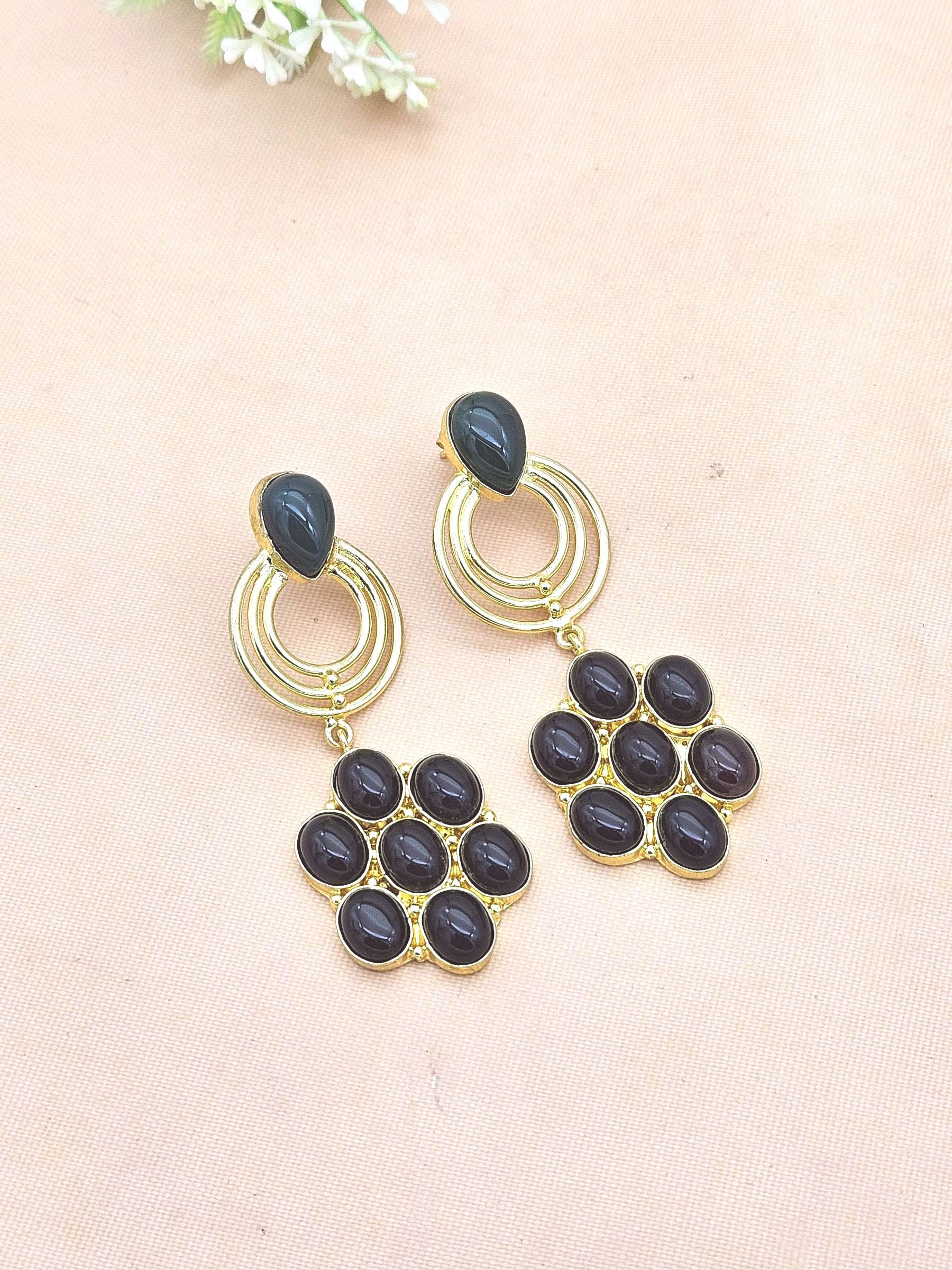Stunning Gold Plated Black & Green Onyx Stone Floral Designer Dangle Drop Earrings