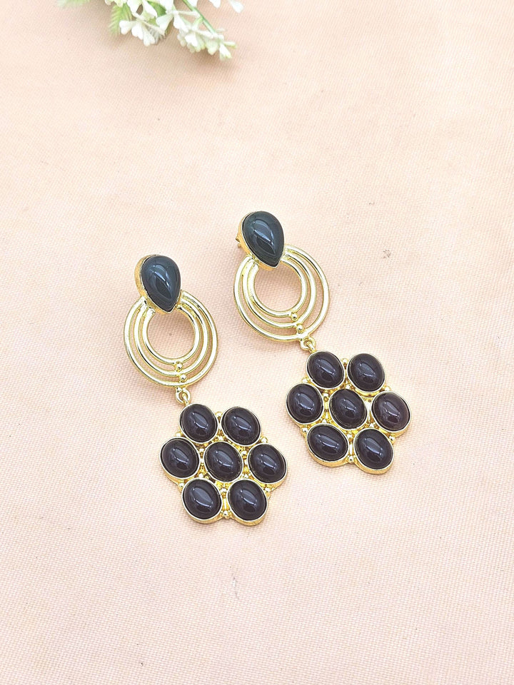 Stunning Gold Plated Black & Green Onyx Stone Floral Designer Dangle Drop Earrings