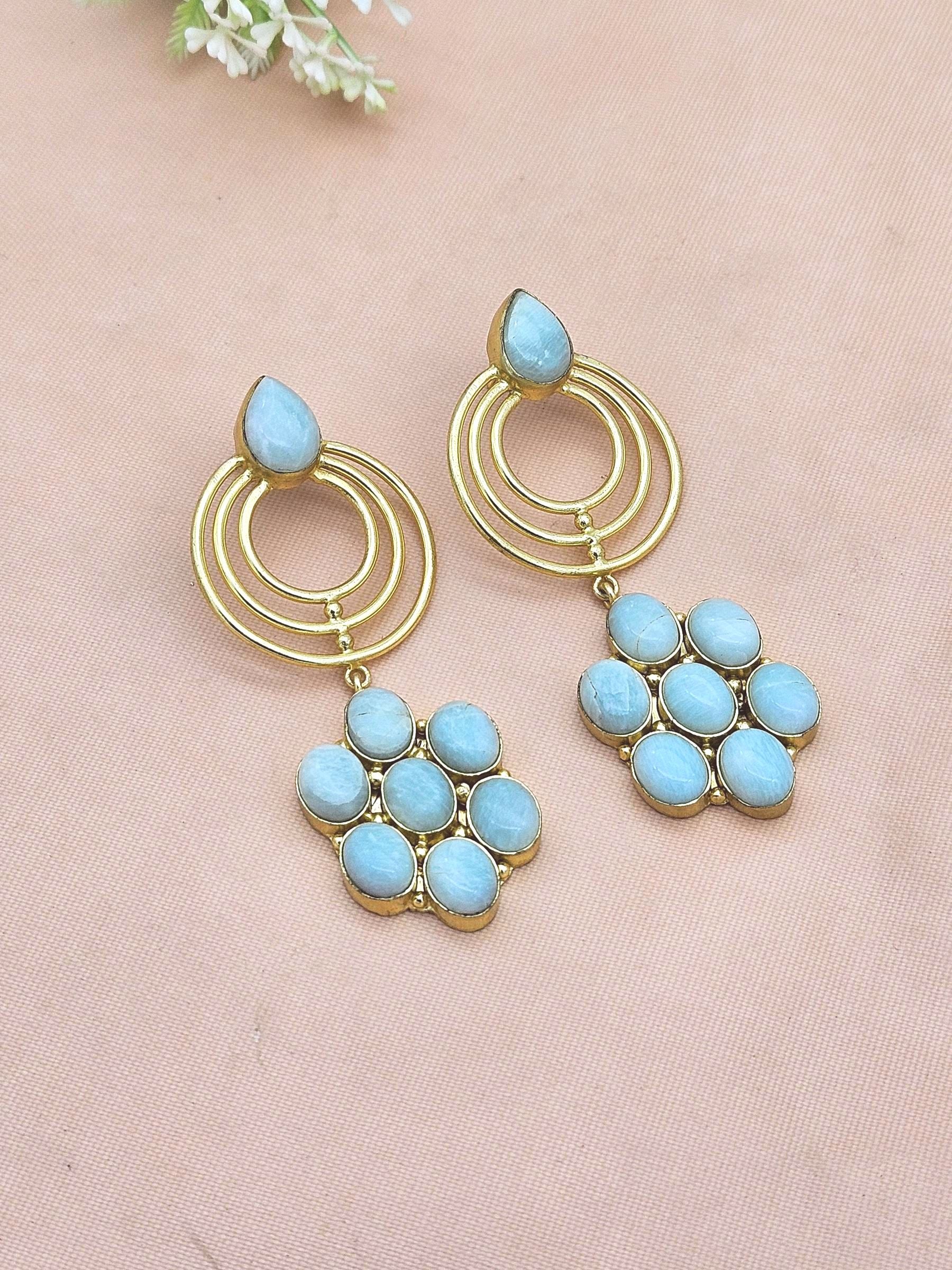 Stunning Gold Plated Amazonite Gem Stone Floral Designer Dangle Drop Earrings