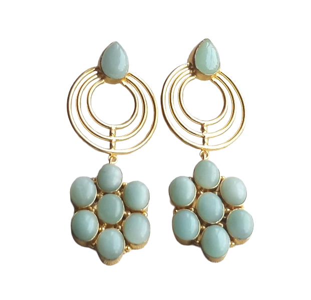 Stunning Gold Plated Amazonite Gem Stone Floral Designer Dangle Drop Earrings