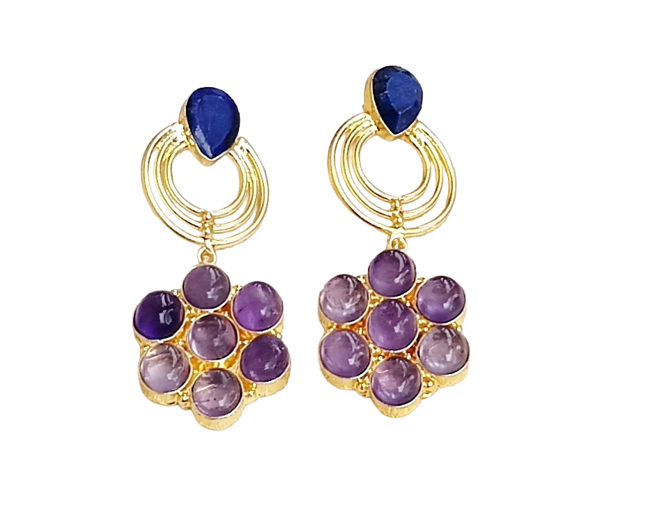 Stunning Gold Plated Amethyst-Blue Hathipara Stone Floral Designer Dangle Drop Earrings
