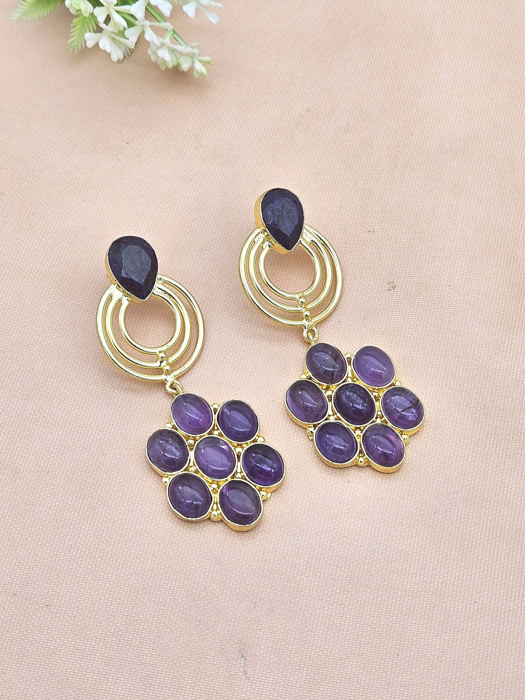 Stunning Gold Plated Amethyst-Blue Hathipara Stone Floral Designer Dangle Drop Earrings