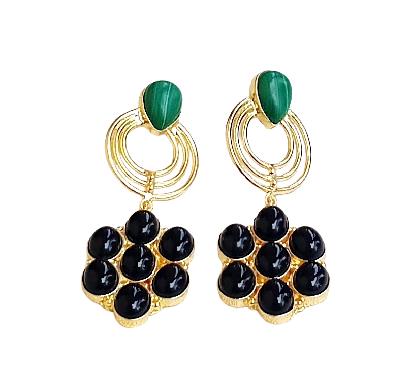 Stunning Gold Plated Black Onyx-Malachite Stone Floral Designer Dangle Drop Earrings