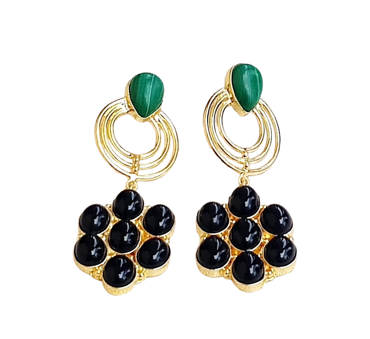 Stunning Gold Plated Black Onyx-Malachite Stone Floral Designer Dangle Drop Earrings