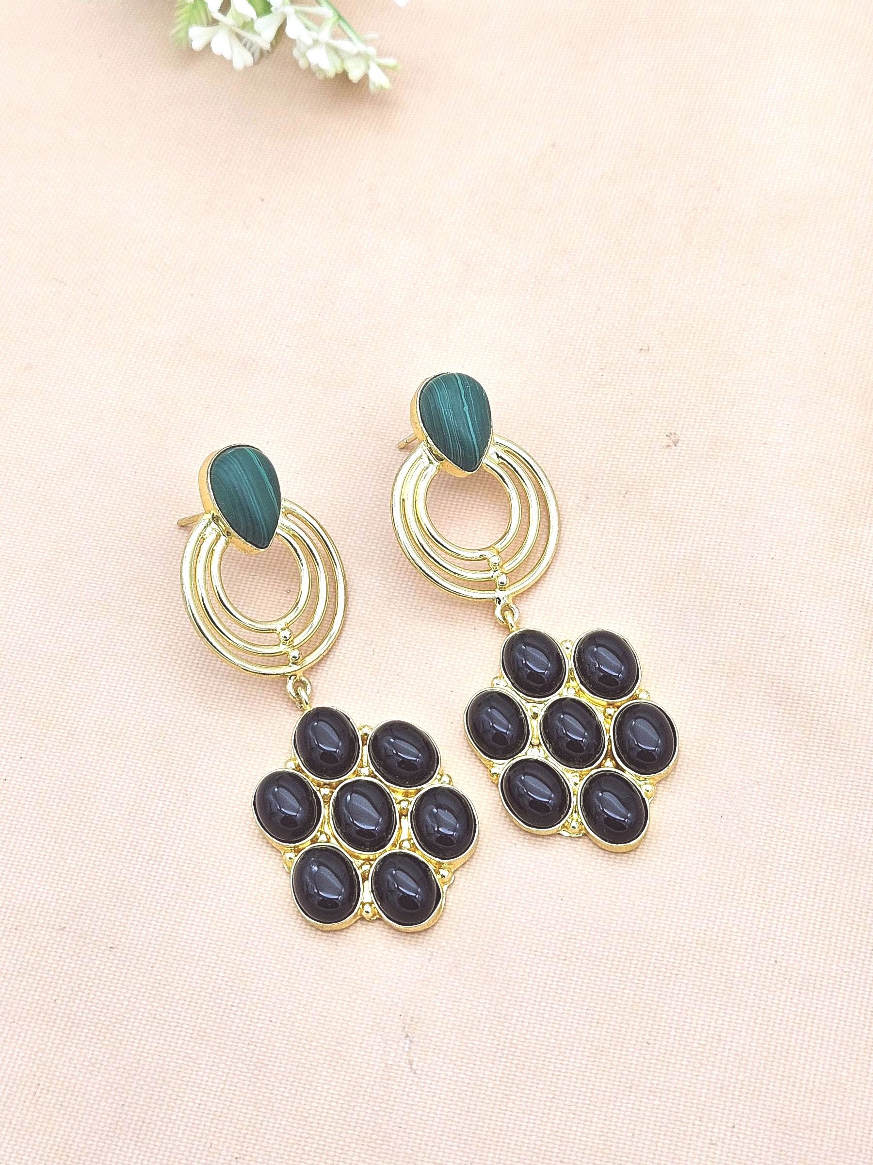 Stunning Gold Plated Black Onyx-Malachite Stone Floral Designer Dangle Drop Earrings