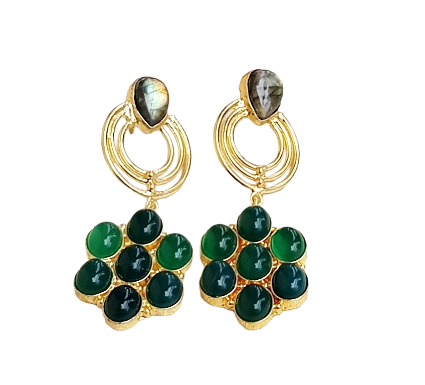 Stunning Gold Plated Green Onyx-Labradorite Stone Floral Designer Dangle Drop Earrings