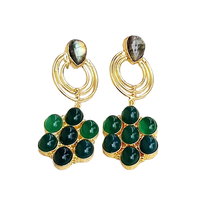 Stunning Gold Plated Green Onyx-Labradorite Stone Floral Designer Dangle Drop Earrings