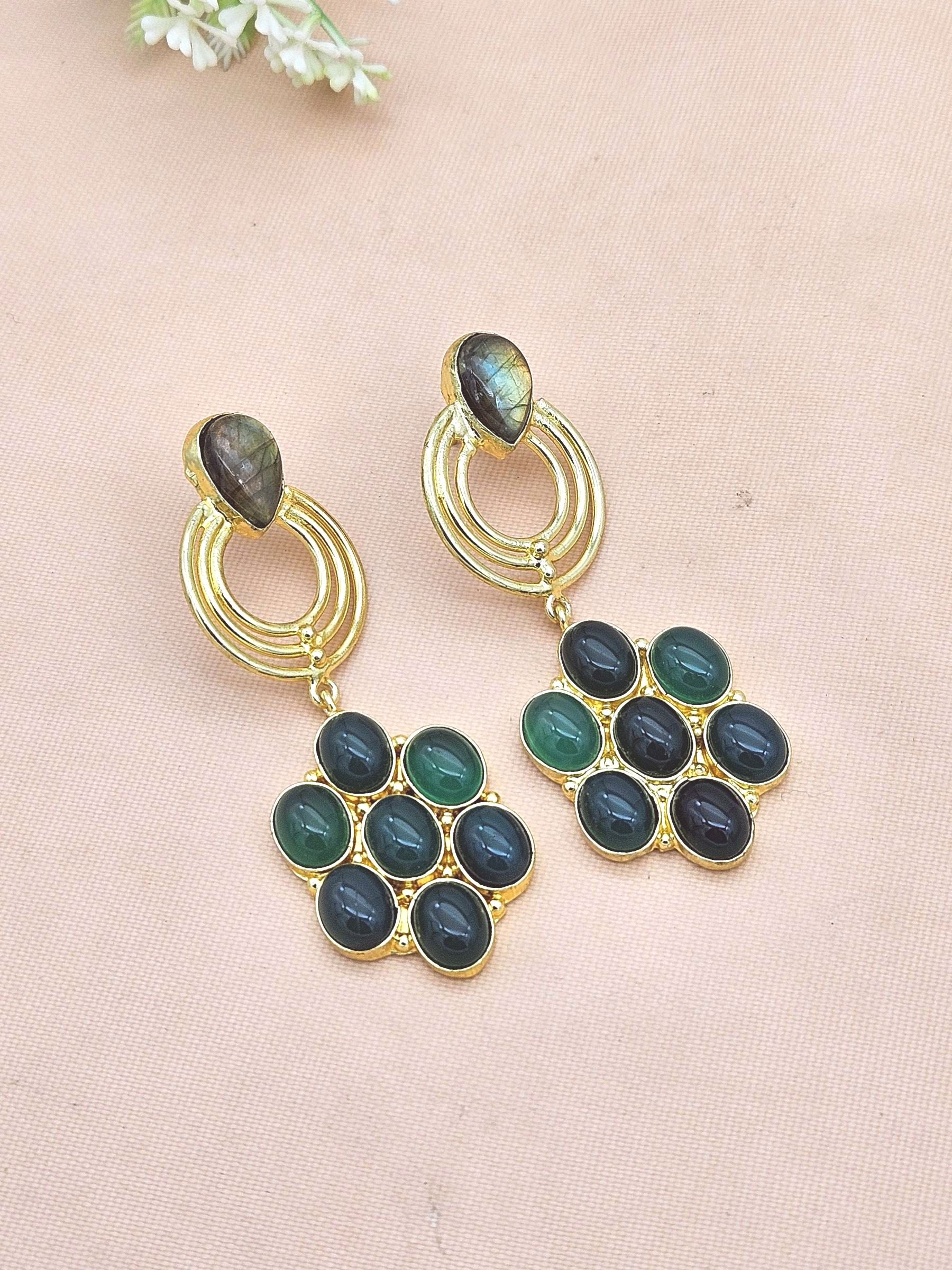 Stunning Gold Plated Green Onyx-Labradorite Stone Floral Designer Dangle Drop Earrings