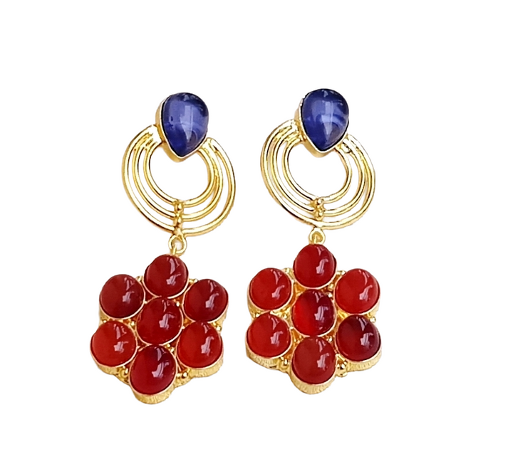 Stunning Gold Plated Red & Blue Onyx Stone Floral Designer Dangle Drop Earrings