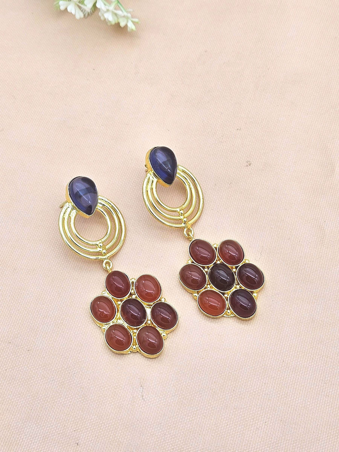 Stunning Gold Plated Red & Blue Onyx Stone Floral Designer Dangle Drop Earrings