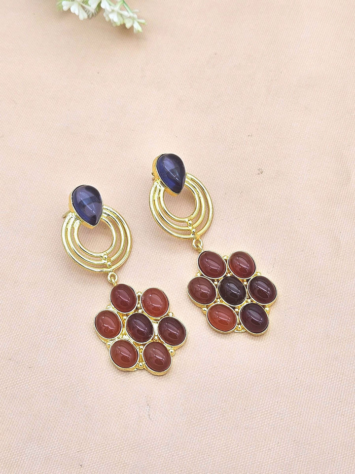 Stunning Gold Plated Red & Blue Onyx Stone Floral Designer Dangle Drop Earrings