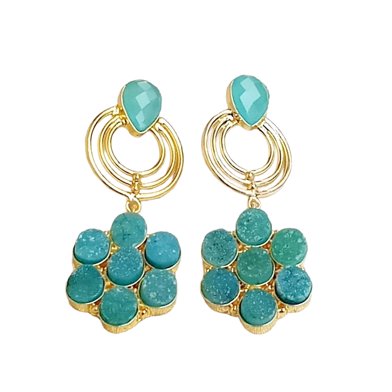 Stunning Gold Plated Green Druzy Chalcedony Stone Floral Designer Dangle Drop Earrings