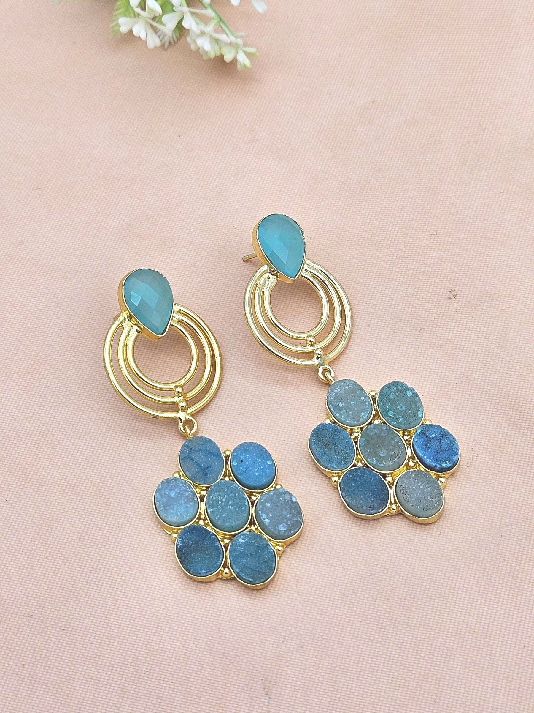 Stunning Gold Plated Green Druzy Chalcedony Stone Floral Designer Dangle Drop Earrings