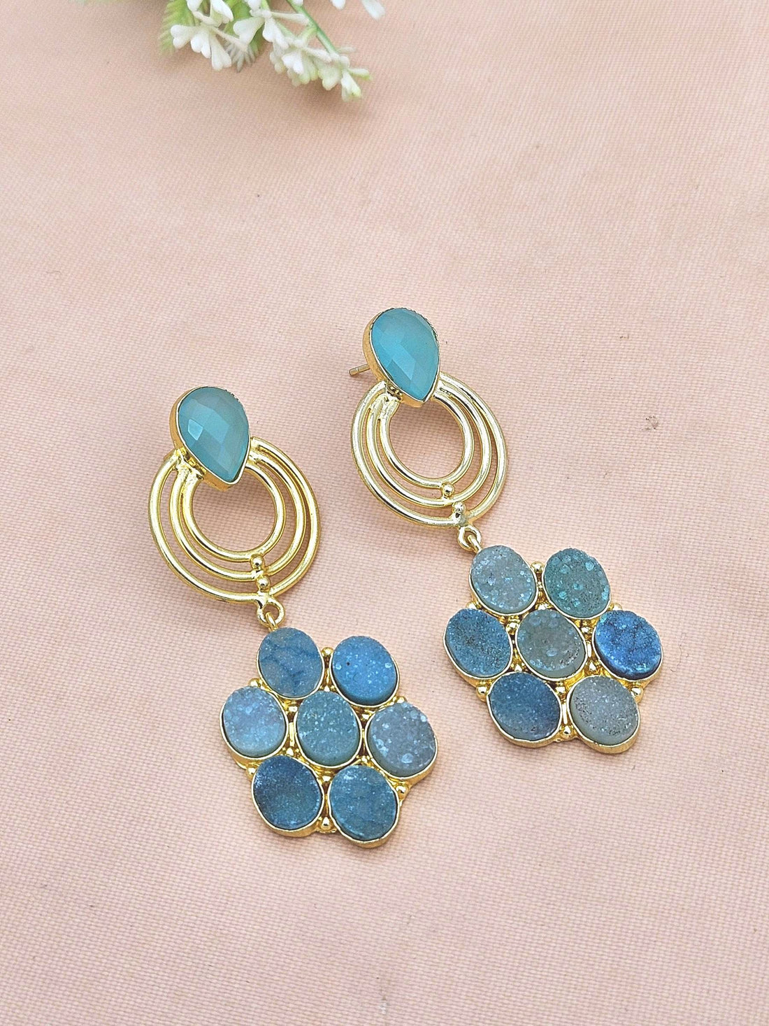 Stunning Gold Plated Green Druzy Chalcedony Stone Floral Designer Dangle Drop Earrings