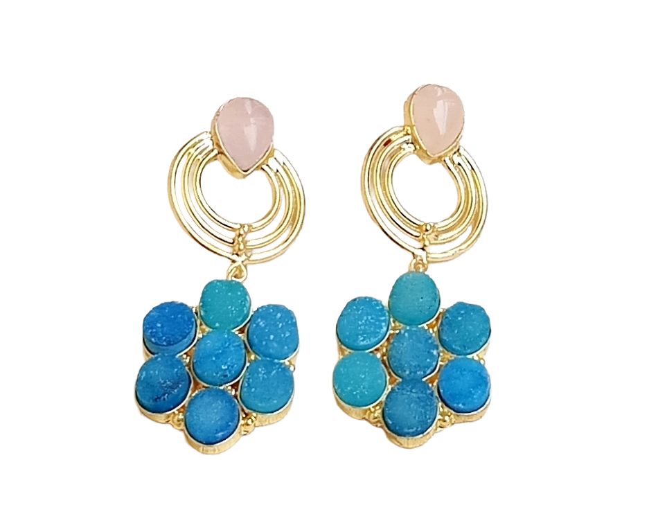 Stunning Gold Plated Blue Druzy-Rose Quartz Stone Floral Designer Dangle Drop Earrings