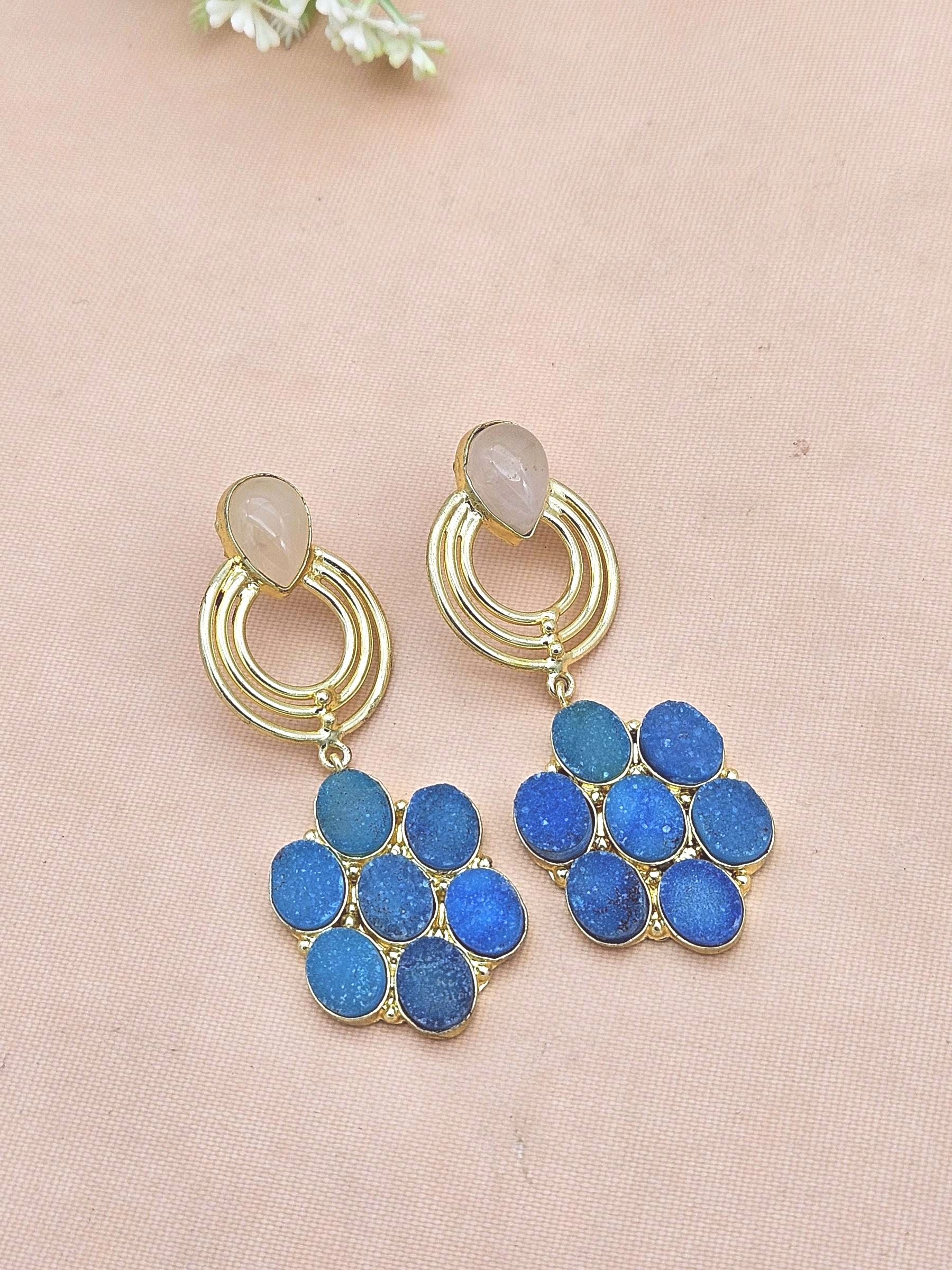 Stunning Gold Plated Blue Druzy-Rose Quartz Stone Floral Designer Dangle Drop Earrings