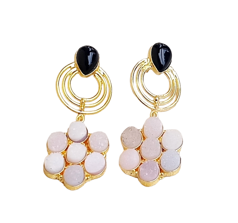 Stunning Gold Plated Onyx Druzy-Black Onyx Stone Floral Designer Dangle Drop Earrings