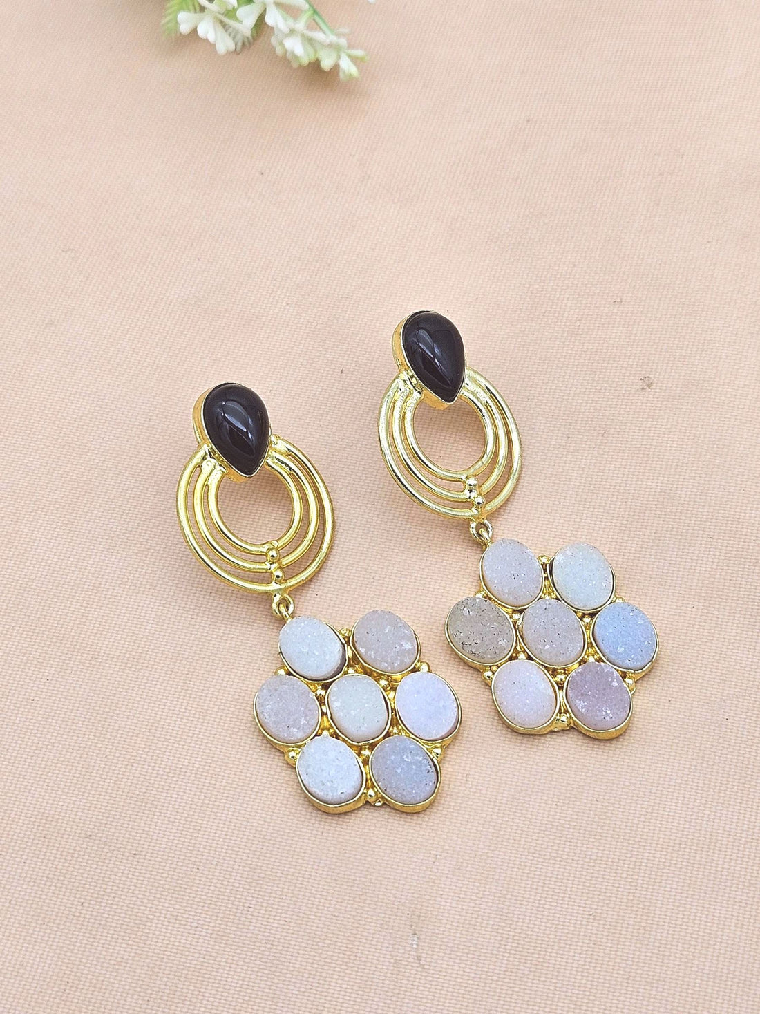 Stunning Gold Plated Onyx Druzy-Black Onyx Stone Floral Designer Dangle Drop Earrings