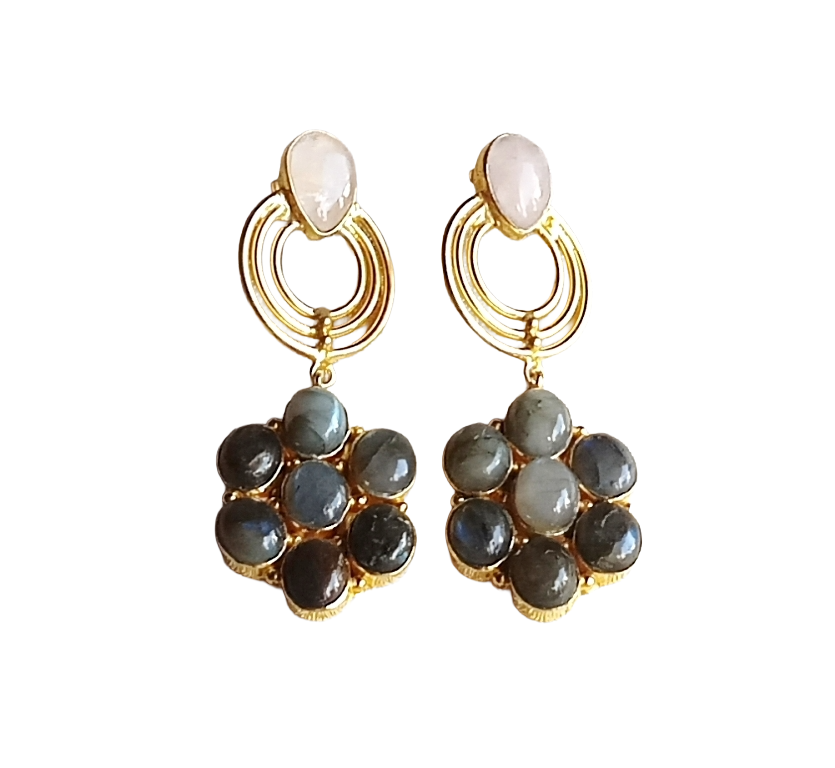 Stunning Gold Plated Labradorite-Rose Quartz Stone Floral Designer Dangle Drop Earrings
