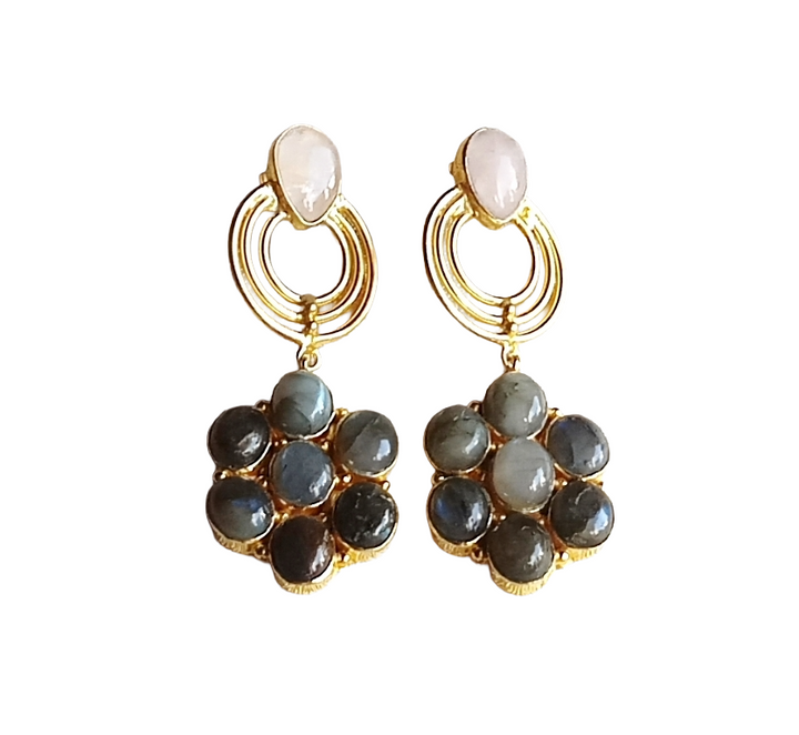 Stunning Gold Plated Labradorite-Rose Quartz Stone Floral Designer Dangle Drop Earrings