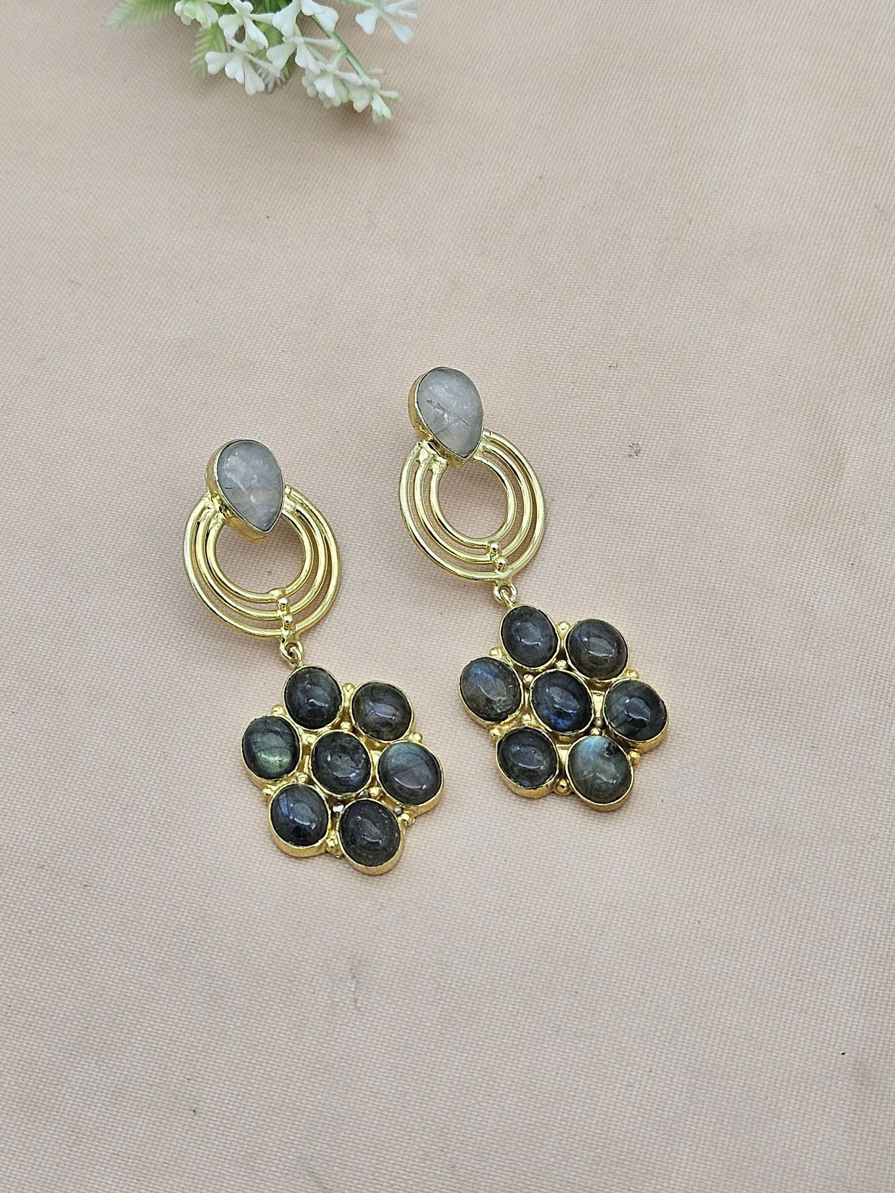 Stunning Gold Plated Labradorite-Rose Quartz Stone Floral Designer Dangle Drop Earrings