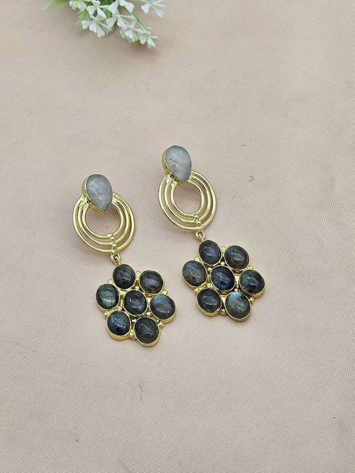 Stunning Gold Plated Labradorite-Rose Quartz Stone Floral Designer Dangle Drop Earrings