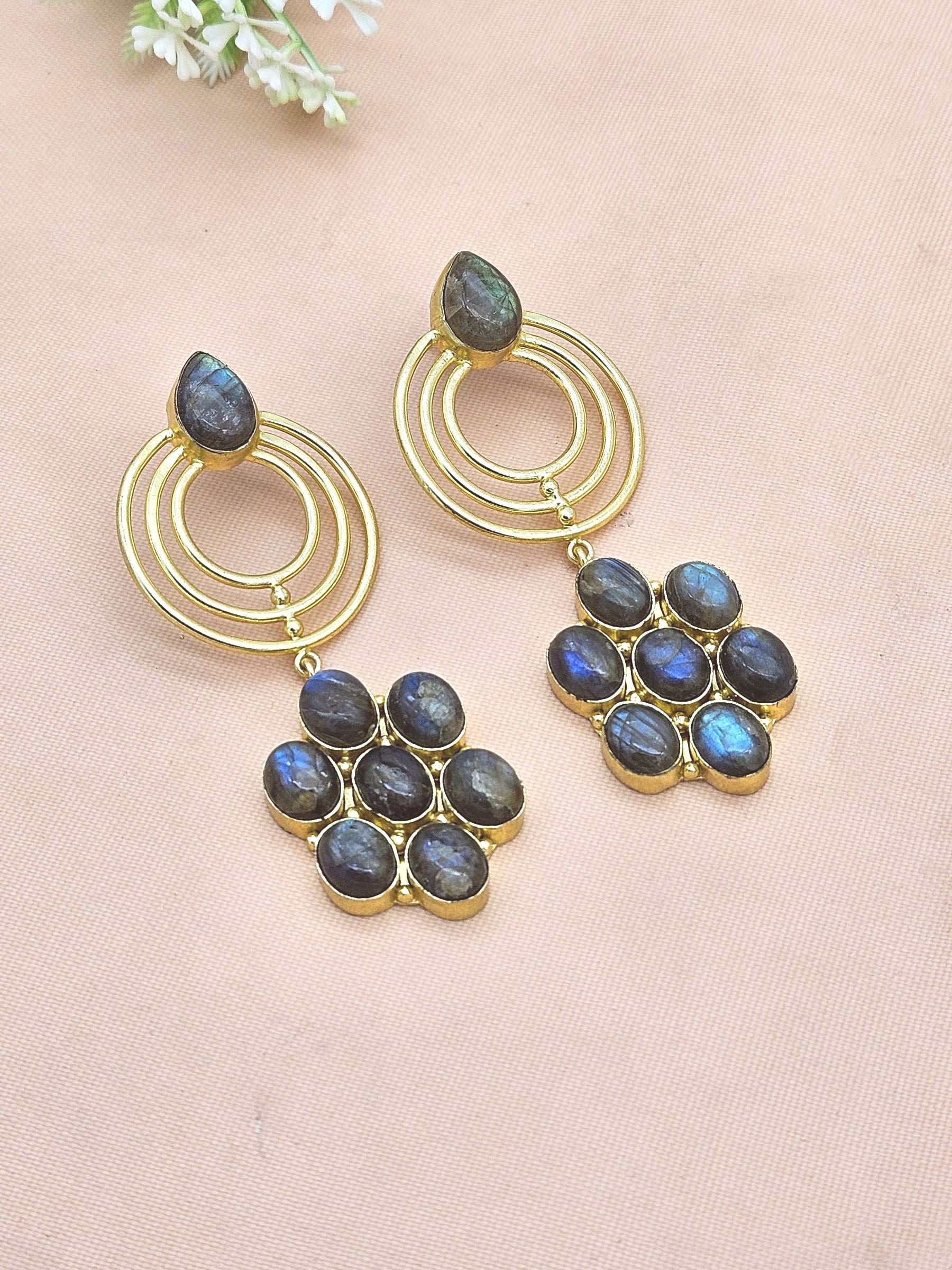 Stunning Gold Plated Labradorite Gem Stone Floral Designer Dangle Drop Earrings