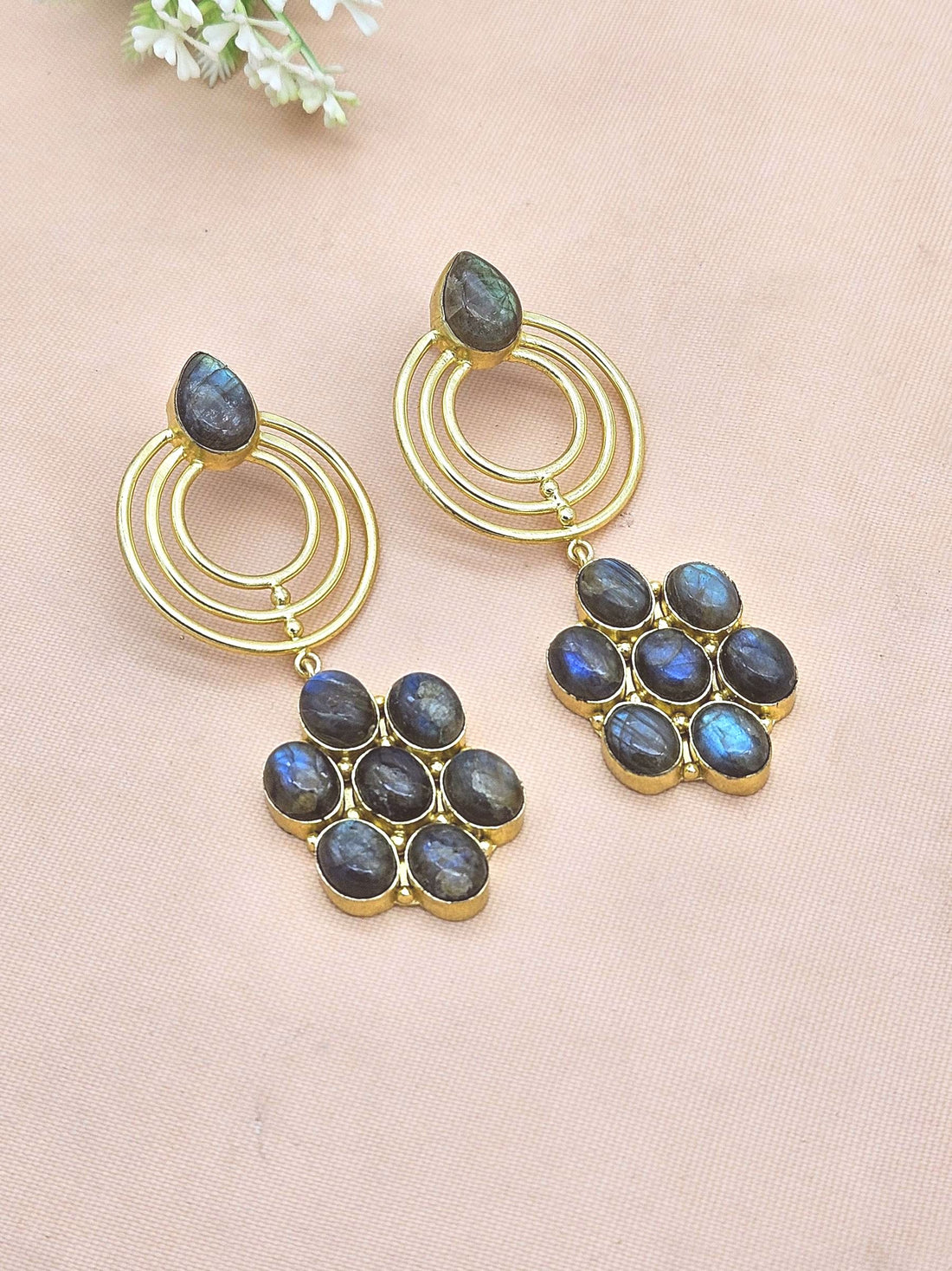 Stunning Gold Plated Labradorite Gem Stone Floral Designer Dangle Drop Earrings