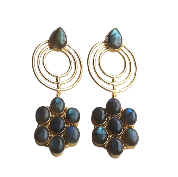 Stunning Gold Plated Labradorite Gem Stone Floral Designer Dangle Drop Earrings