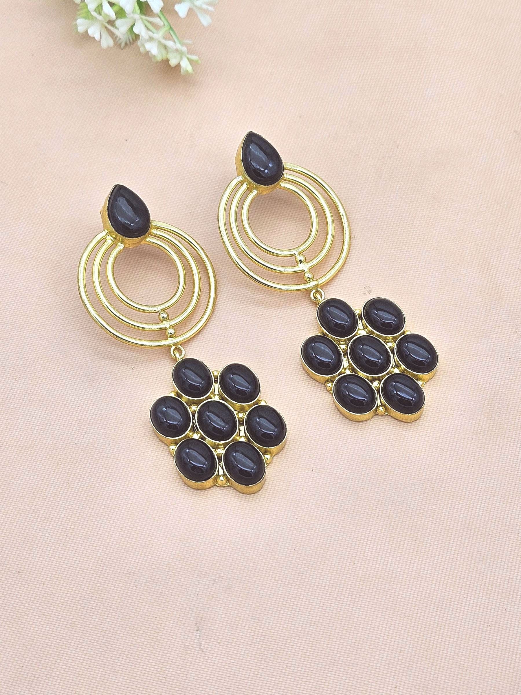 Stunning Gold Plated Black Onyx Gem Stone Floral Designer Dangle Drop Earrings