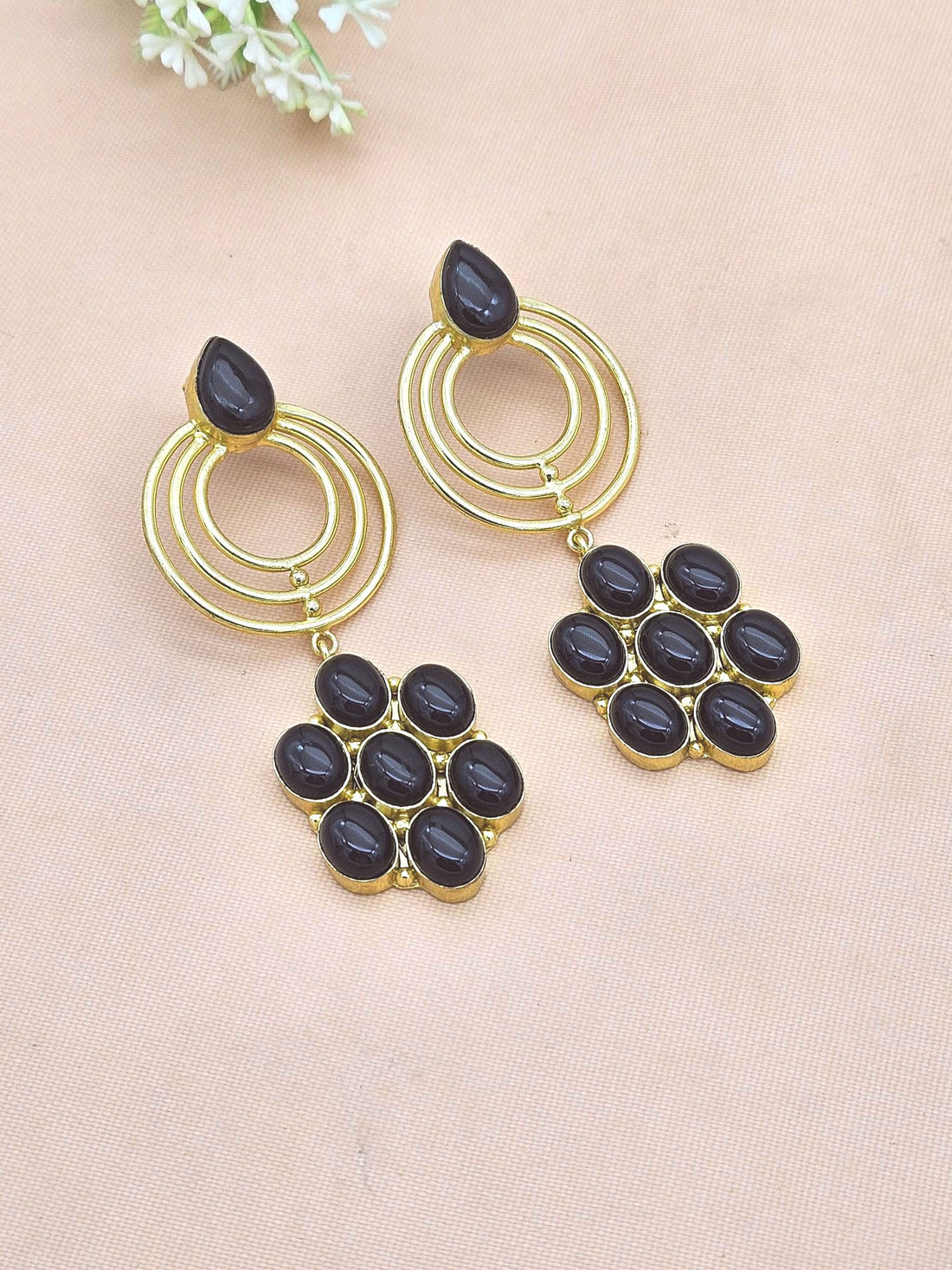 Stunning Gold Plated Black Onyx Gem Stone Floral Designer Dangle Drop Earrings