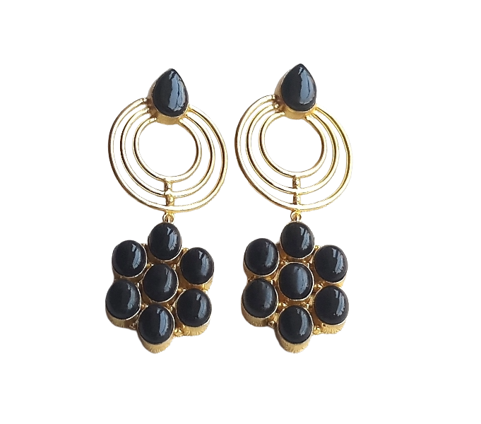 Stunning Gold Plated Black Onyx Gem Stone Floral Designer Dangle Drop Earrings